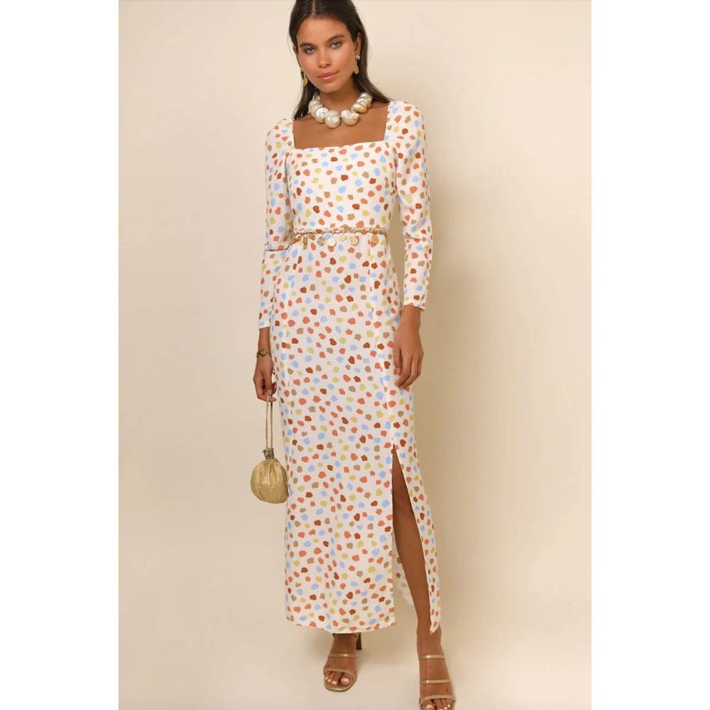 Rixo Hattie Dress White Maxi Spaced Tulip Dot Front Slit Square Neck Sz S